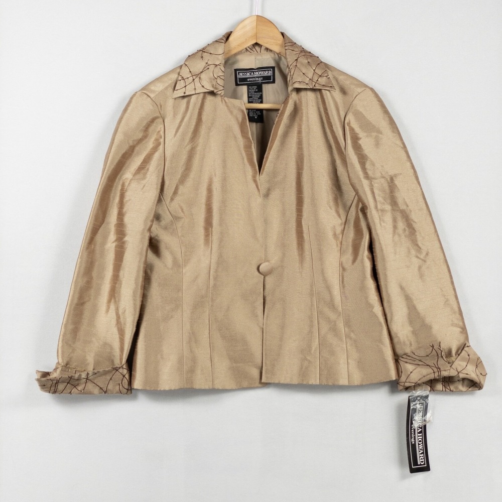Jessica Howard Evenings Jacket Size 8 Tan Brown Beaded Accents One Button New